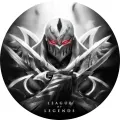 Kulatý jedlý obrázek s šampiónem Zedem z League of Legends v černé zbroji, s kříženými čepelemi a rudě zářícíma očima, jedlý obrázek na dort