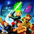 Kulatý jedlý obrázek s LEGO Lukem Skywalkerem se zeleným mečem, Ewokem, Leiou a Darthem Vaderem na pozadí vesmíru, obrázek na dort