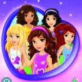 Kulatý jedlý obrázek s pěti dívkami z Lego Friends v modrém srdci na fialovém pozadí, jedlý obrázek na dort