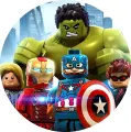 Kulatý jedlý obrázek s kostičkovým Hulkem, Captain Americou, Iron Manem a Thorem z LEGO Avengers na pozadí města, jedlý obrázek na dort