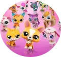 Kulatý jedlý obrázek s pejskem, kočkou a ovečkou z Littlest Pet Shop na růžovém pozadí, jedlý obrázek na dort