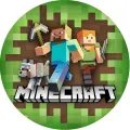 Kulatý jedlý obrázek na dort: Steve s krumpáčem, Alex s mečem a vlk s červeným obojkem na zelené pixelové trávě.