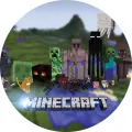 Kulatý jedlý obrázek na dort s Minecraft mobi: creeper, enderman, zombie a pavouk na zeleno-modrém pozadí s nápisem Minecraft