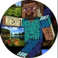 Kulatý herní motiv s travnatými kostkami, modrou oblohou a písmennými bloky TNT, Steve, Creeper; jedlý obrázek na dort.