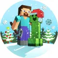 Steve s krumpáčem objímá zeleného Creepera v červené čepici na zasněžené pixelové louce, jedlý obrázek na dort