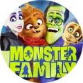 Kulatý jedlý obrázek s usměvavou rodinkou příšer v barvách zelené a fialové s nápisem Monster Family, jedlý obrázek na dort