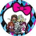 Kulatý jedlý obrázek s postavičkami Monster High, růžovou mašlí a lebkou na bílém pozadí, jedlý obrázek na dort