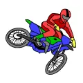 Kreslený motokrosový jezdec v červené kombinéze skáče na modré terénní motorce na bílém pozadí, jedlý obrázek na dort