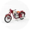 Kulatý jedlý obrázek s červeno-stříbrnou retro motorkou Jawa se zlatým zdobením a oranžovým sedlem, jedlý obrázek na dort