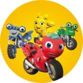 Kulatý jedlý obrázek na dort: čtyři animované motorky na žlutém pozadí, v čele červená závodní motorka, jedlý obrázek na dort
