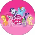 Kulatý jedlý obrázek s poníky Pinkie Pie, Rainbow Dash, Twilight Sparkle a dráčkem Spikem na růžovém pozadí, jedlý obrázek na dort