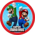 Skákající Mario v červené čepici a Luigi v zelené na modrém pozadí s houbičkami uvnitř červeného kruhu, jedlý obrázek na dort