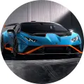 Modré sportovní auto Lamborghini s oranžovými lištami v šedé hale, jedlý obrázek na dort