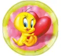 Žluté kuřátko Tweety držící červené srdce na růžovém pozadí se srdíčky, jedlý obrázek na dort