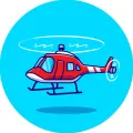 Kreslená červená helikoptéra s roztočenými rotory na modrém nebi, kulatý jedlý obrázek na dort