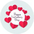 Kulatý jedlý obrázek s bílým štítkem, červenými srdíčky a nápisem Happy Valentine's Day, vhodný na dort