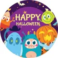 Kulatý jedlý obrázek na dort s usměvavými duchy, dýněmi a netopýry na fialovém pozadí s žlutým nápisem Happy Halloween