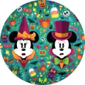 Mickey a Minnie v halloweenských kostýmech s dýněmi a netopýry na tyrkysovém pozadí, jedlý obrázek na dort