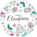 Kulatý jedlý obrázek s nápisem Merry Christmas, věncem Santy, soba, skřítka a dárků v tyrkysových a červených tónech, obrázek na dort