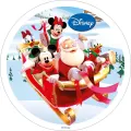 Mickey, Minnie, Donald a Daisy jedou se Santou v červeno-zlatých saních po zasněžené hoře, jedlý obrázek na dort