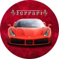 Červený sportovní vůz Ferrari zepředu s nápisem se vzpínajícími se koňmi na tmavě červeném pozadí, jedlý obrázek na dort