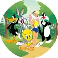 Kulatý jedlý obrázek na dort s postavami Looney Tunes – králíkem Bugsem, Tweetym a kačerem Daffym v zeleném lese