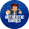 Kulatý jedlý obrázek na dort s pixelovou postavou v kostkované košili a nápisem Authentic Games na modré mozaice