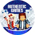 Pixelová dvojice Minecraft postav na modrém mozaikovém pozadí s nápisem Authentic Games, jedlý obrázek na dort