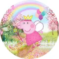 Prasátko Peppa jako víla se zlatou korunkou, křídly a hůlkou s hvězdou na jarní louce pod duhou, jedlý obrázek na dort