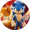 Kulatý jedlý obrázek na dort: modrý ježek Sonic a lišák Tails stojí vedle sebe před vodopádem a zlatým prstenem, jedlý obrázek na dort