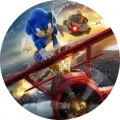 Modrý ježek Sonic stojící na křídle červeného letadla, za řízením lišák Tails, v pozadí padouch ve vznášedle, jedlý obrázek na dort