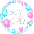 Kulatý jedlý obrázek s modrými a růžovými balónky a nápisem BOY OR GIRL? na akvarelovém pozadí, jedlý obrázek na dort