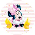 Sedící myška Minnie v růžových puntíkovaných šatech s velkou mašlí a žlutými botami na růžovém pozadí, jedlý obrázek na dort