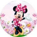Minnie v růžových šatech s puntíky tančí mezi květy a včelkami na pastelovém pozadí, jedlý obrázek na dort