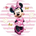 Tančící Minnie v růžových šatech s puntíkovanou mašlí na růžovo-bílém proužkovaném pozadí, jedlý obrázek na dort