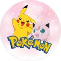 Kulatý jedlý obrázek s žlutým Pikachu mávajícím tlapkou a růžovým Jigglypuffem na růžovém pozadí s hvězdičkami, jedlý obrázek na dort