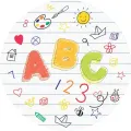 Kulatý jedlý obrázek s velkými písmeny ABC a čísly 1, 2, 3 na linkovaném pozadí s dětskými kresbami, jedlý obrázek na dort