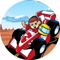 Kreslený pilot v červené formuli slaví vítězství na pouštní trati pod modrou oblohou, jedlý obrázek na dort