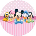 Kulatý jedlý obrázek s Mickeym, Minnie, Donaldem, Plutem a Goofym jako miminka na růžovém pozadí, jedlý obrázek na dort