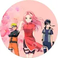Sakura v červeném oblečení a Naruto na růžovém pozadí s rozkvetlými sakurovými květy, jedlý obrázek na dort