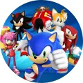 Kulatý jedlý obrázek na dort: Sonic v rozběhu s Tailsem, Knucklesem, Amy, Shadowem a Dr. Eggmanem na sytě modrém pozadí
