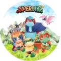 Dinosauři v superhrdinských pláštích s triceratopsem, ptakoještěrem a nápisem Super Dino na horském pozadí, jedlý obrázek na dort