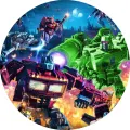 Kruhový jedlý obrázek s roboty Optimus Prime a Megatron v kosmické bitvě, cizí planeta a výbuchy, jedlý obrázek na dort