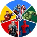 Kulatý jedlý obrázek s pěti superhrdiny Avengers v barevných výsečích kolem znaku týmu, jedlý obrázek na dort