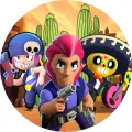 Hrdinové Colt, Penny a Poco z Brawl Stars v pouštní krajině s kaktusy, barevný jedlý obrázek na dort