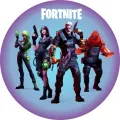 Kulatý jedlý obrázek s postavami z Fortnite na fialovo-modrém pozadí, nad nimi bílý nápis; jedlý obrázek na dort