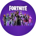 Kulatý jedlý obrázek na dort: kovboj, vlkodlak, bojovnice a růžová lama na fialovém pozadí s nápisem FORTNITE