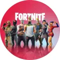 Kulatý jedlý obrázek s postavami Fortnitu včetně Drifta na růžovém pozadí s bílým nápisem, jedlý obrázek na dort