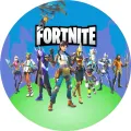 Kulatý jedlý obrázek na dort s postavami z Fortnite: dívka s copy, bojovnice se zlatou helmou a kluk na kluzáku na modrém nebi