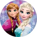 Kulatý jedlý obrázek s princeznami Annou a Elsou z Frozen na fialovo-modrém pozadí s bílými a růžovými vločkami, jedlý obrázek na dort